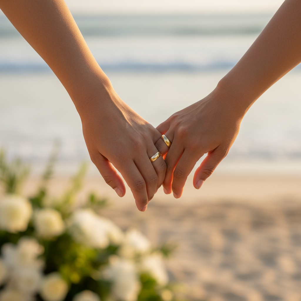 Two olive-toned hands clasped together each wearing a gold wedding band